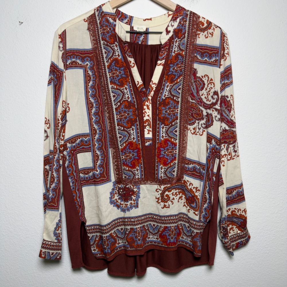 Anthropologie TINY Nahara Women Top Small Burgundy Paisley Henley Artsy Boho